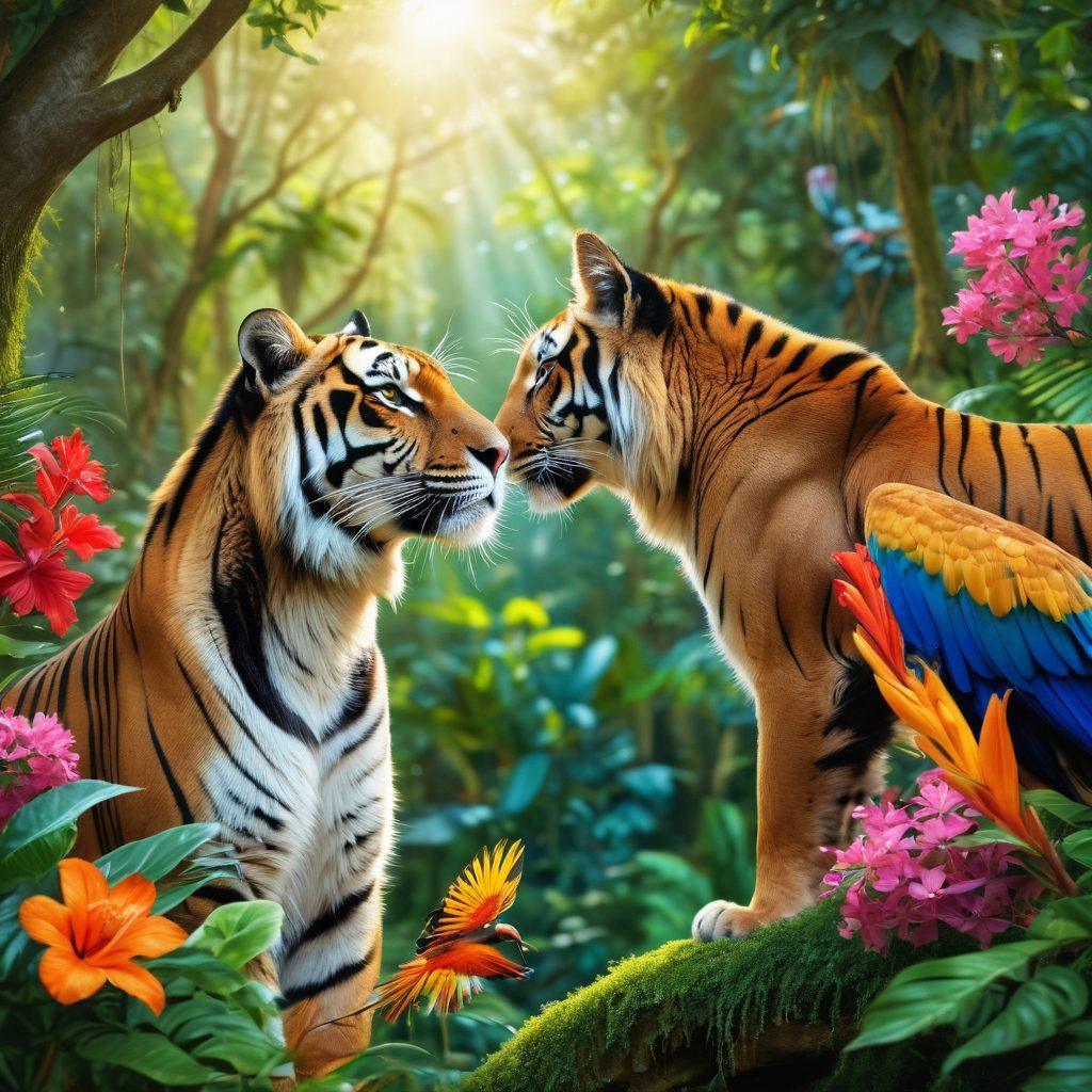 A vivid scene depicting a pair of exotic animals, such as colorful birds or elegant big cats, engaging in a tender display of affection in a lush, vibrant jungle. Include elements like blooming flowers and soft sunlight filtering through the canopy to enhance the intimate atmosphere. Showcase the wild beauty and raw emotion of their connection, emphasizing the theme of intimacy in nature. super-realistic. vibrant colors. 3D.