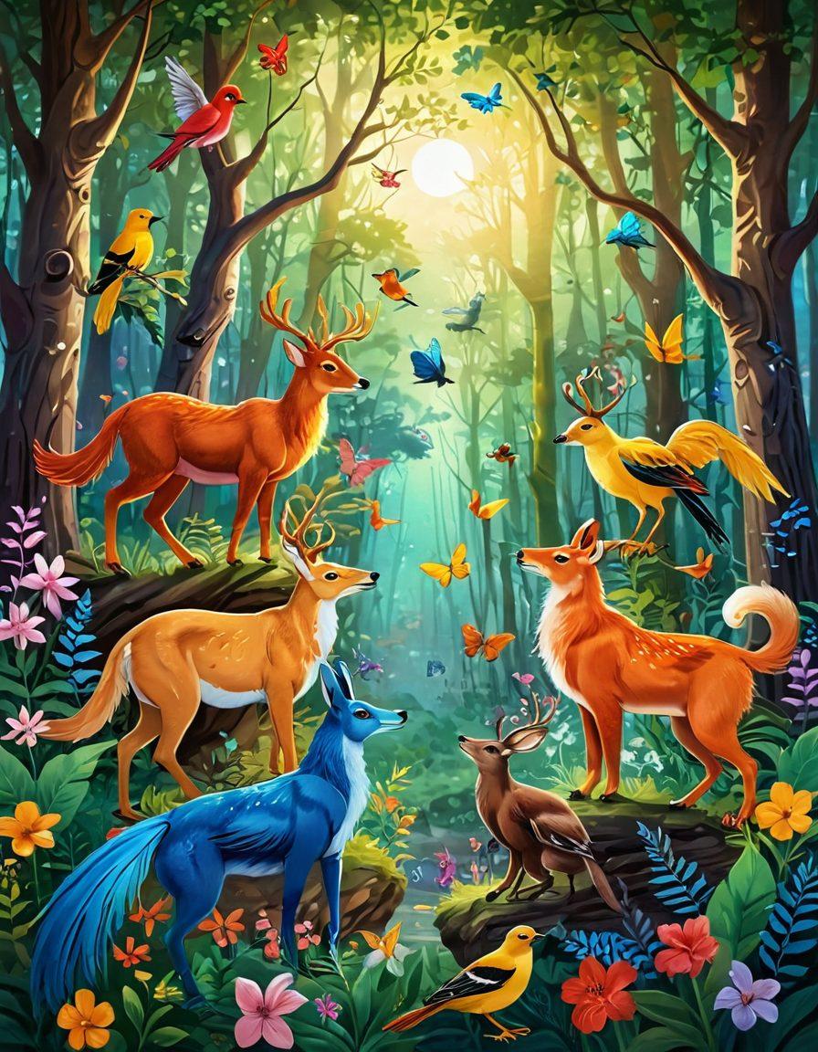 An enchanting scene of playful animals engaging in courtship rituals in a vibrant forest setting, showcasing various species such as colorful birds, frolicking mammals, and intricate insects. The background features lush greenery and blooming flowers, emphasizing the joy and intimacy of their interactions. Sunlight filters through the branches, casting a warm glow on the animals, highlighting their vibrant colors and playful movements. whimsical illustration. vibrant colors. nature-inspired.