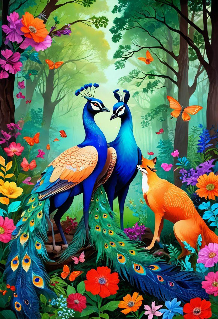 A vibrant and colorful scene depicting various animals in a natural setting, showcasing flirtatious courtship rituals and playful interactions. Include a peacock displaying its feathers, a pair of wolves playfully chasing each other, and vibrant flowers surrounding them. The background should be a lush forest, teeming with life, emphasizing the theme of intimacy and attraction in nature. surrealistic. vibrant colors. nature-inspired.